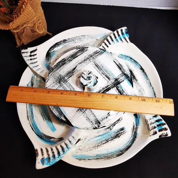 California Pottery Vintage Serving Set Blue and Black Brushstroke Plaid 6 Pieces - Picture 14 of 16